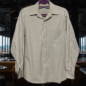 F.A.MacCluer Men's Long Sleeve Collared Striped Shirt Button Down Beige & White